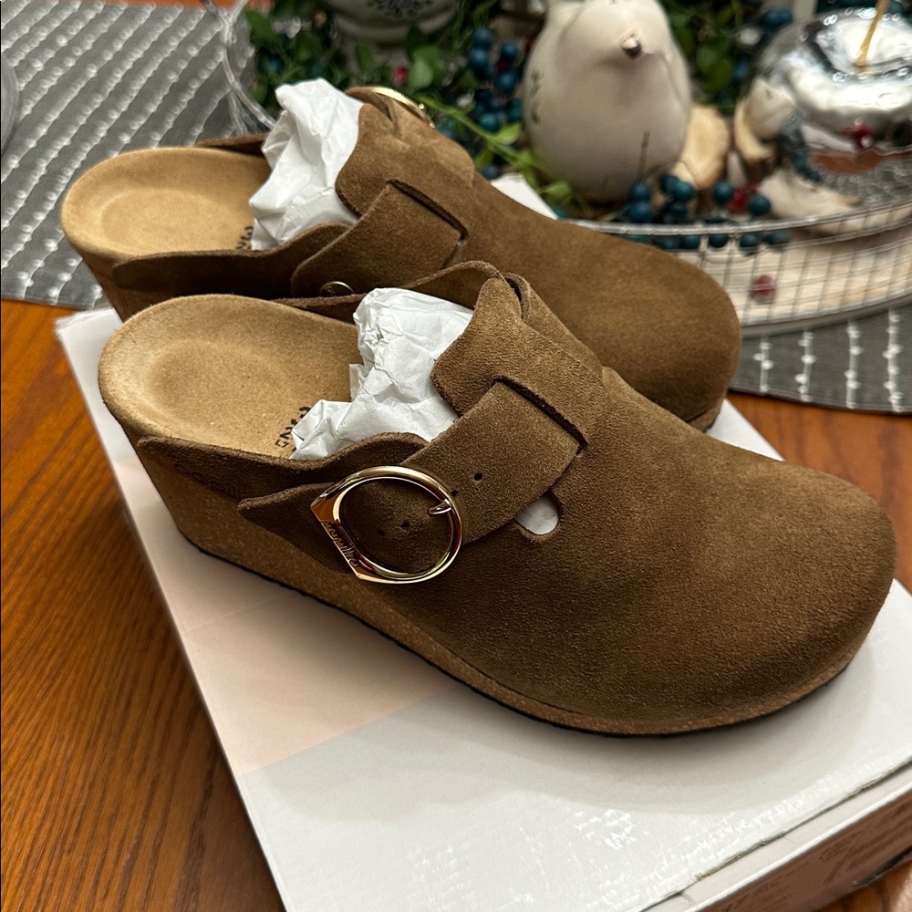 Sz38⭐️Like New Birkenstock Papillo Fanny Ring Buckle Dark Tea Suede Wedge 40mm